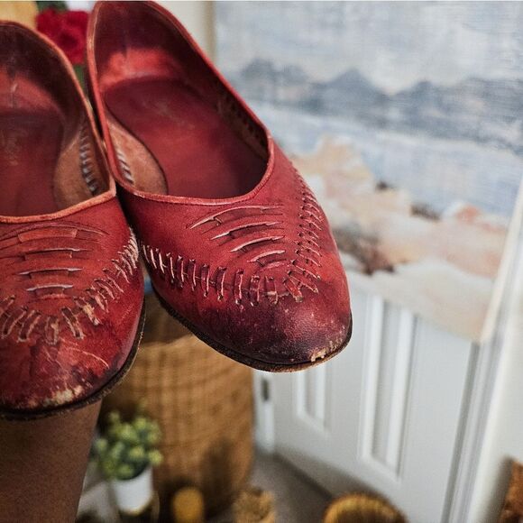 VTG Candie's Red Retro Oxford Huarache Leather Slip-On Flats Sz 8M – Rustic Wove - Picture 11 of 15